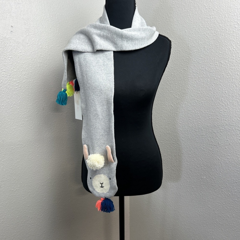 NWT Meri Meri Organic Cotton Scarf Gray Lama Bright Tassels Kids 3+ Fun Cozy